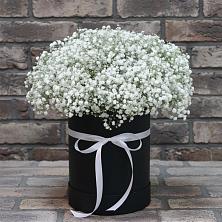 Цветочная композиция из Гипсофила в шляпной коробке в Новоникольское